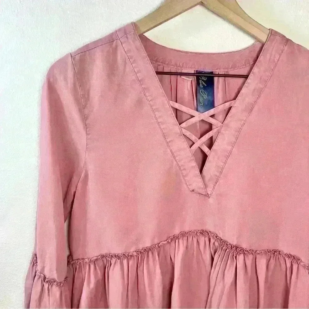 Blue Rain Pink Peplum Bell Sleeve Blouse with Crisscross Neckline Size Small - Picture 2 of 14